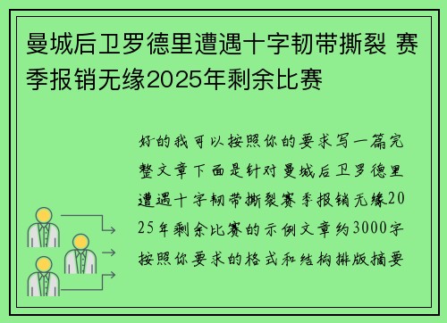 曼城后卫罗德里遭遇十字韧带撕裂 赛季报销无缘2025年剩余比赛